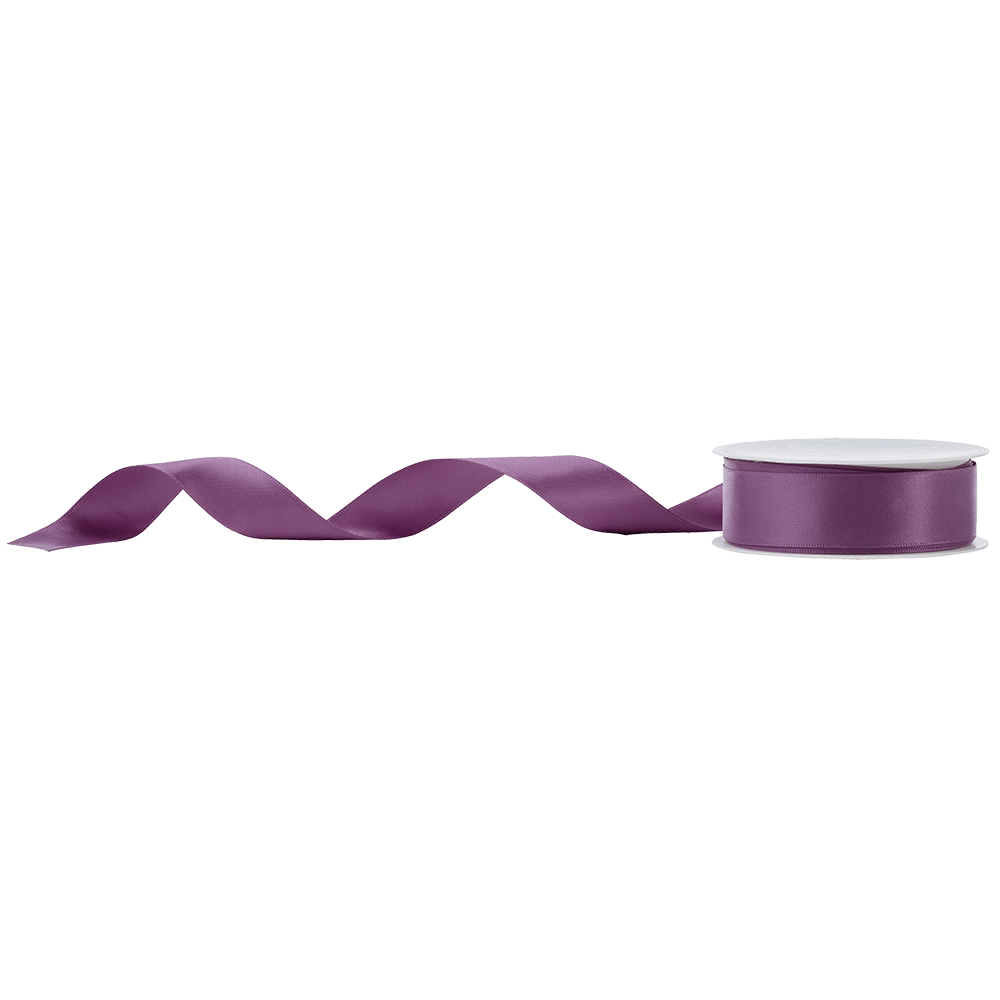 Amethyst purple satin ribbon unraveling on a spool