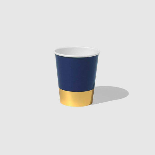 Navy blue paper cup with gold band