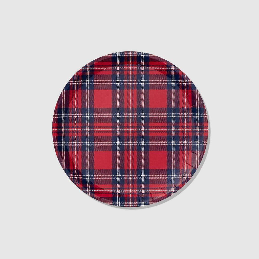 Red paper plate with blue and white plaid pattern