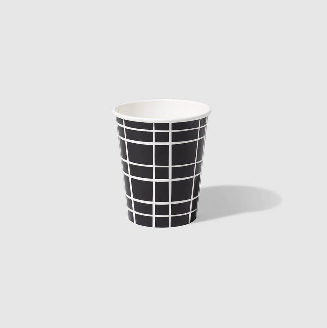 Black paper cup with white grid line design