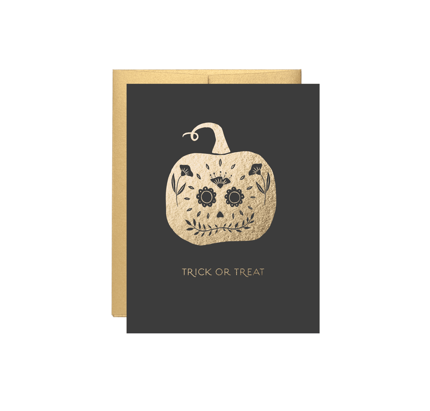 Trick or Treat Sugar Skull Pumpkin Gold Foil Halloween Card