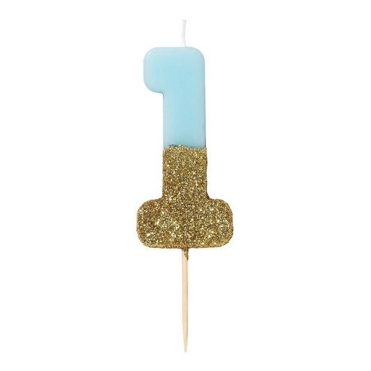 We Heart Birthday Glitter Number Candle Blue 1