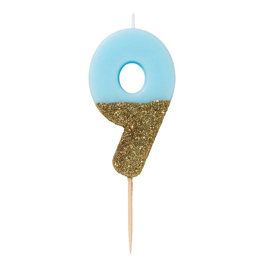 We Heart Birthday Glitter Number Candle Blue 9