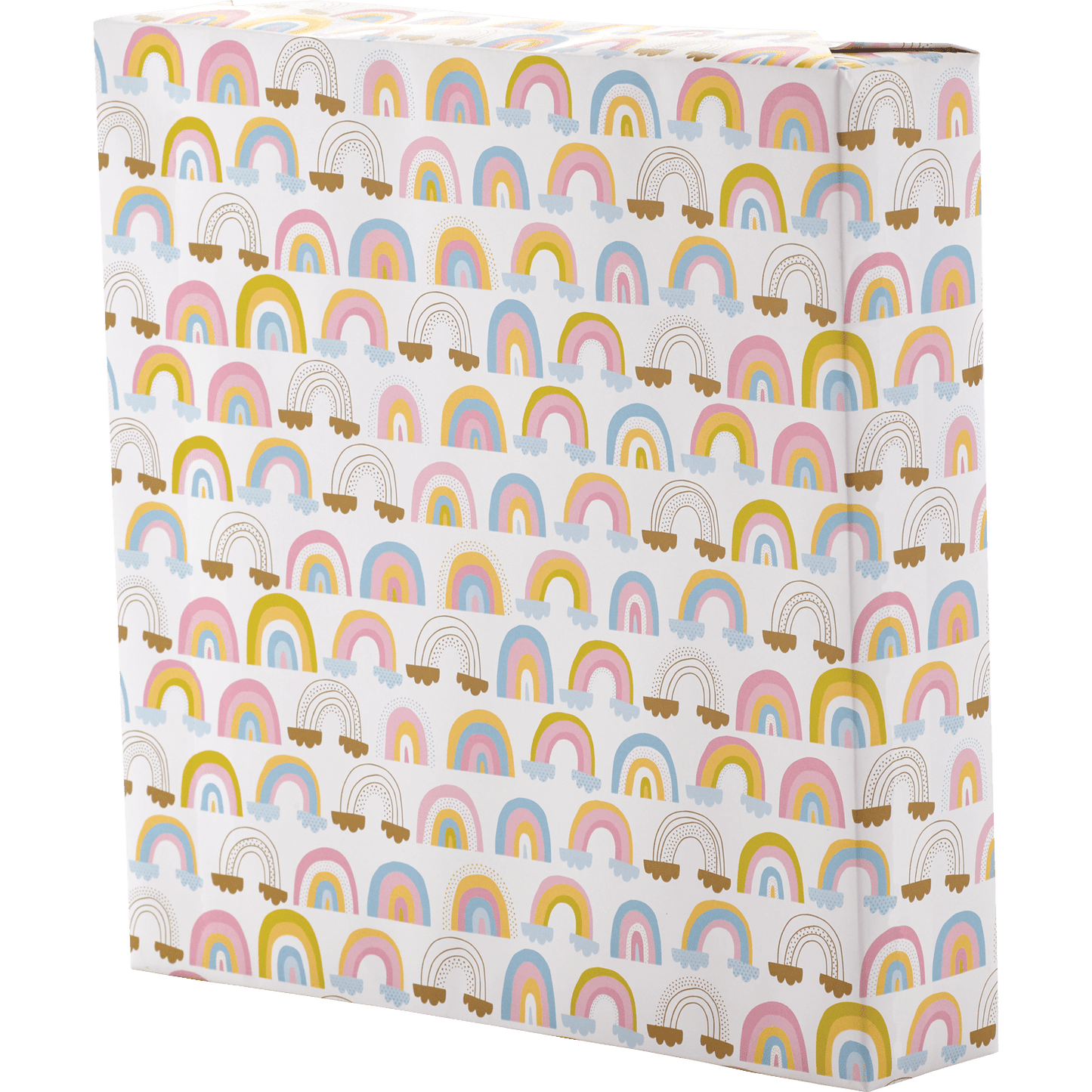 Pink mustard light blue baby rainbows with clouds on whited wrapping paper