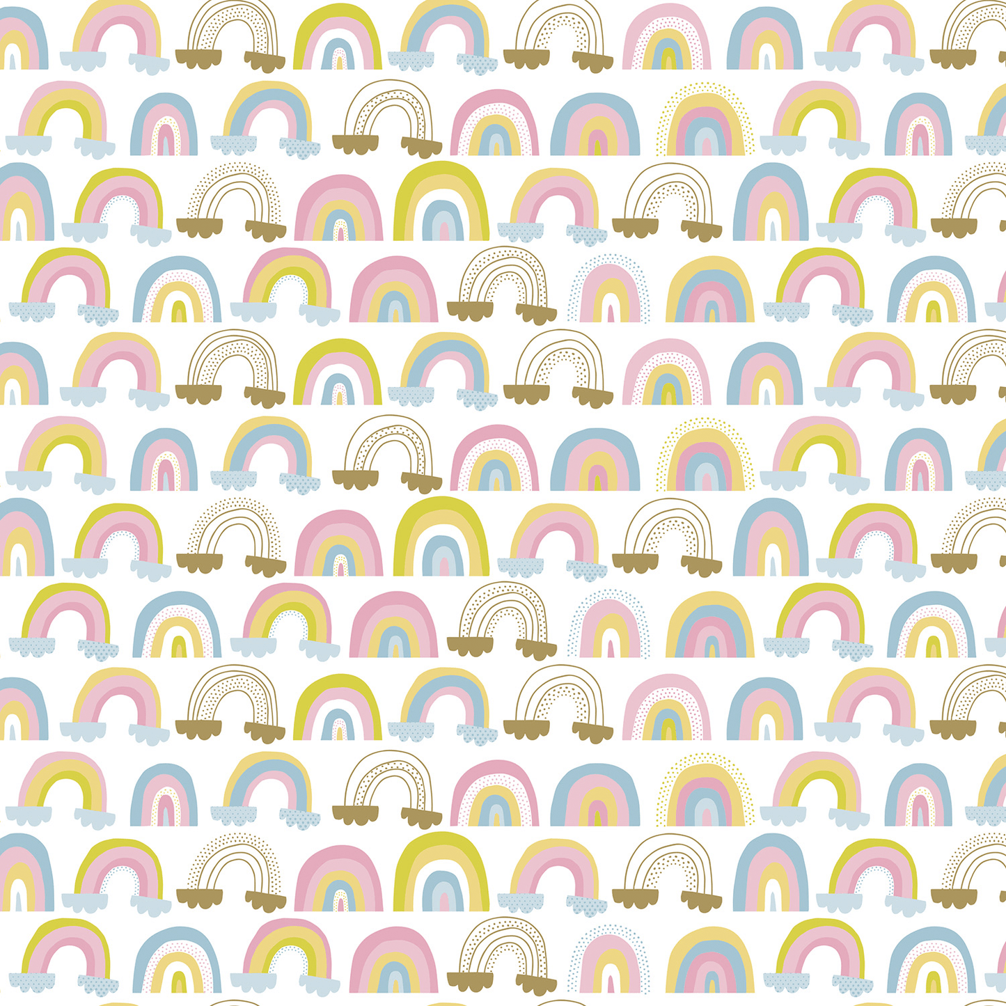 Pink mustard light blue baby rainbows with clouds on whited wrapping paper