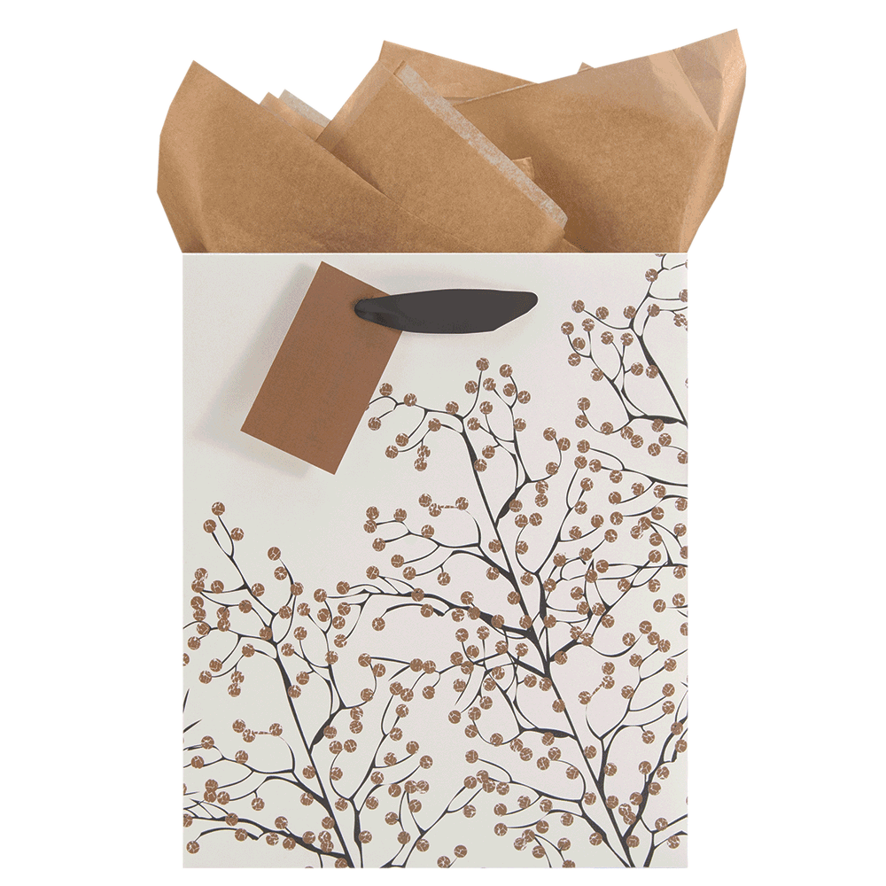 gold glittered tree branches on white gift bag with gray ribbon handle and matching tag Kraft tissue paper