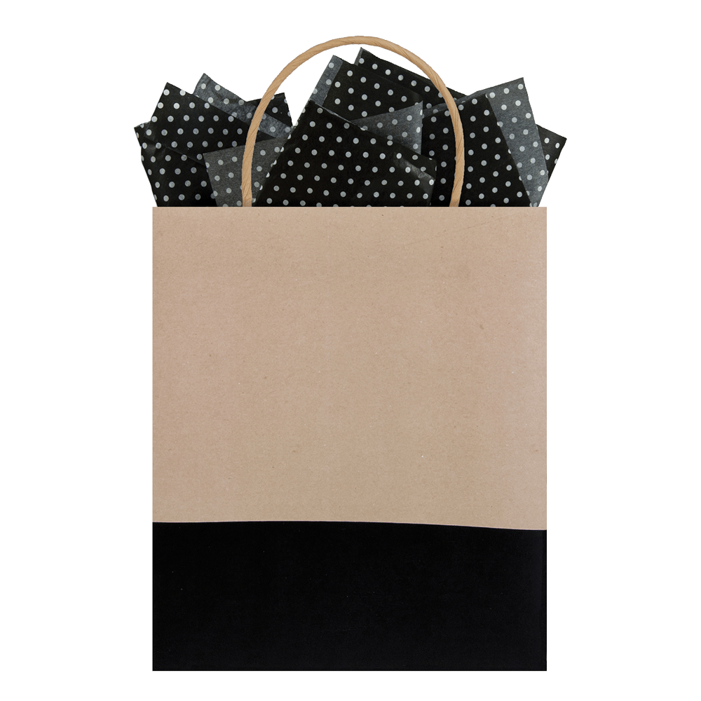 Kraft bag with black bottom and black white polka dot tissue paper sticking out of top