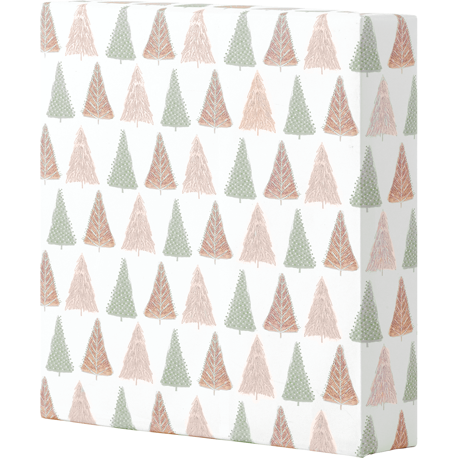 white paper with moss green and pink trees wrapped around a box