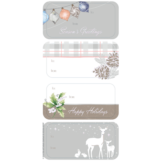 Happy Holidays and Season Greetings, deer rabbits ornaments and winter plants on gift labels
