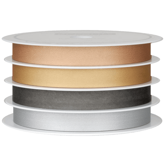 Bronze, gold, chrome, silver curling ribbon on four channel holder