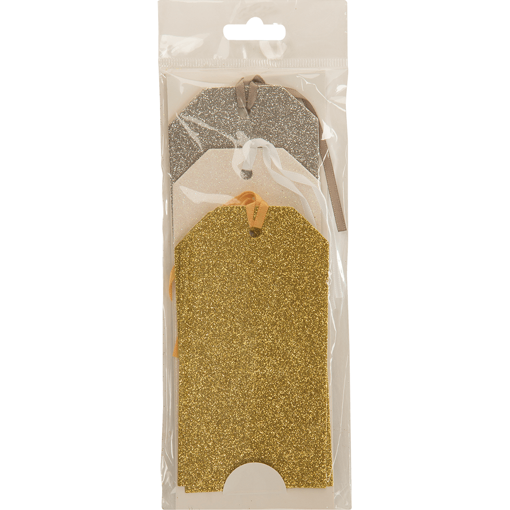 Gold white silver glitter gift tags with matching ribbon in plastic package