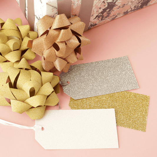 Gold white silver glitter gift tags with matching ribbon