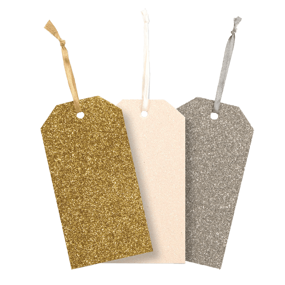 Gold white silver glitter gift tags with matching ribbon