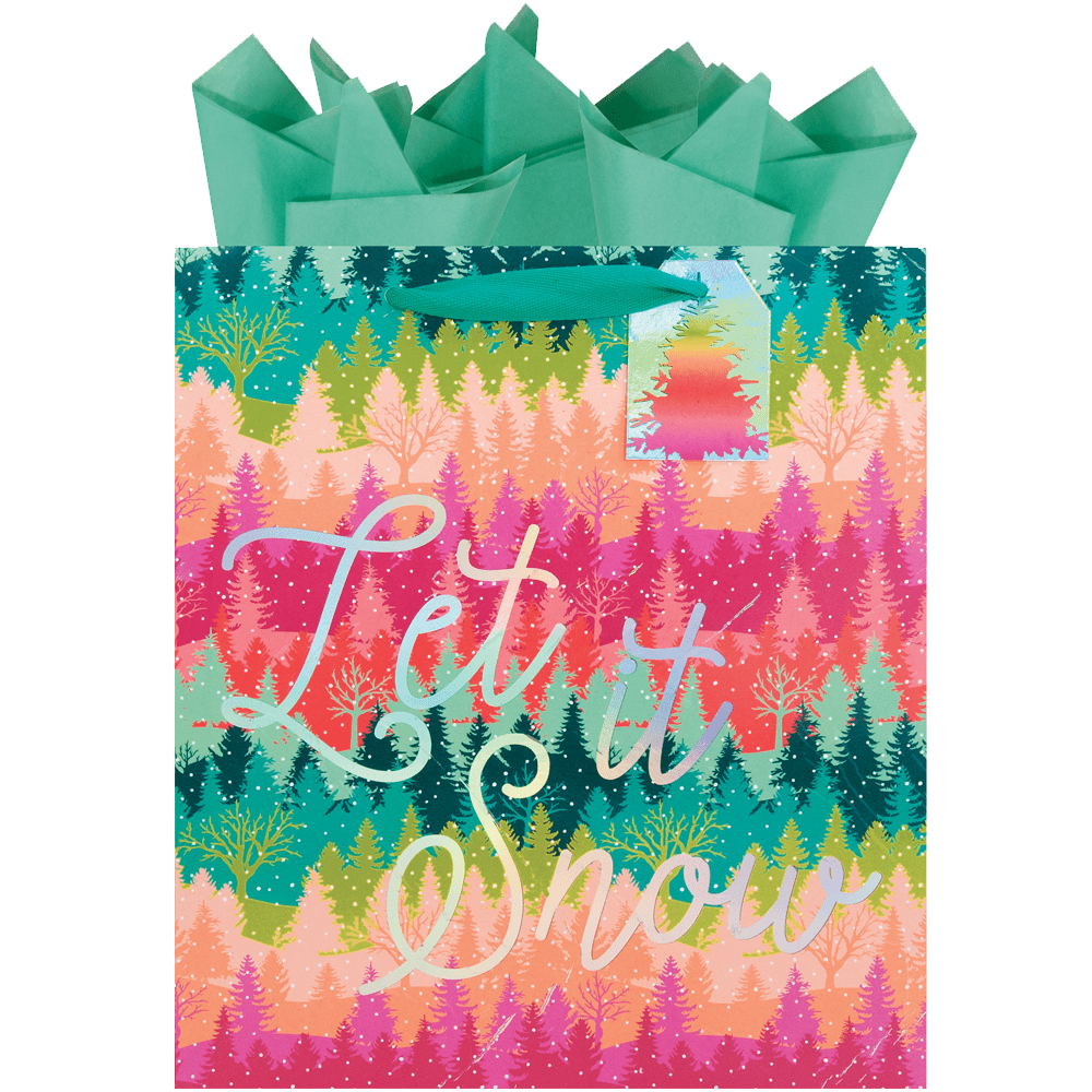 Let it snow Iridescent foil stamped over red pink peach green teal forest green tree lines with dots of snow, grosgrain ribbon handles with matching gift tag