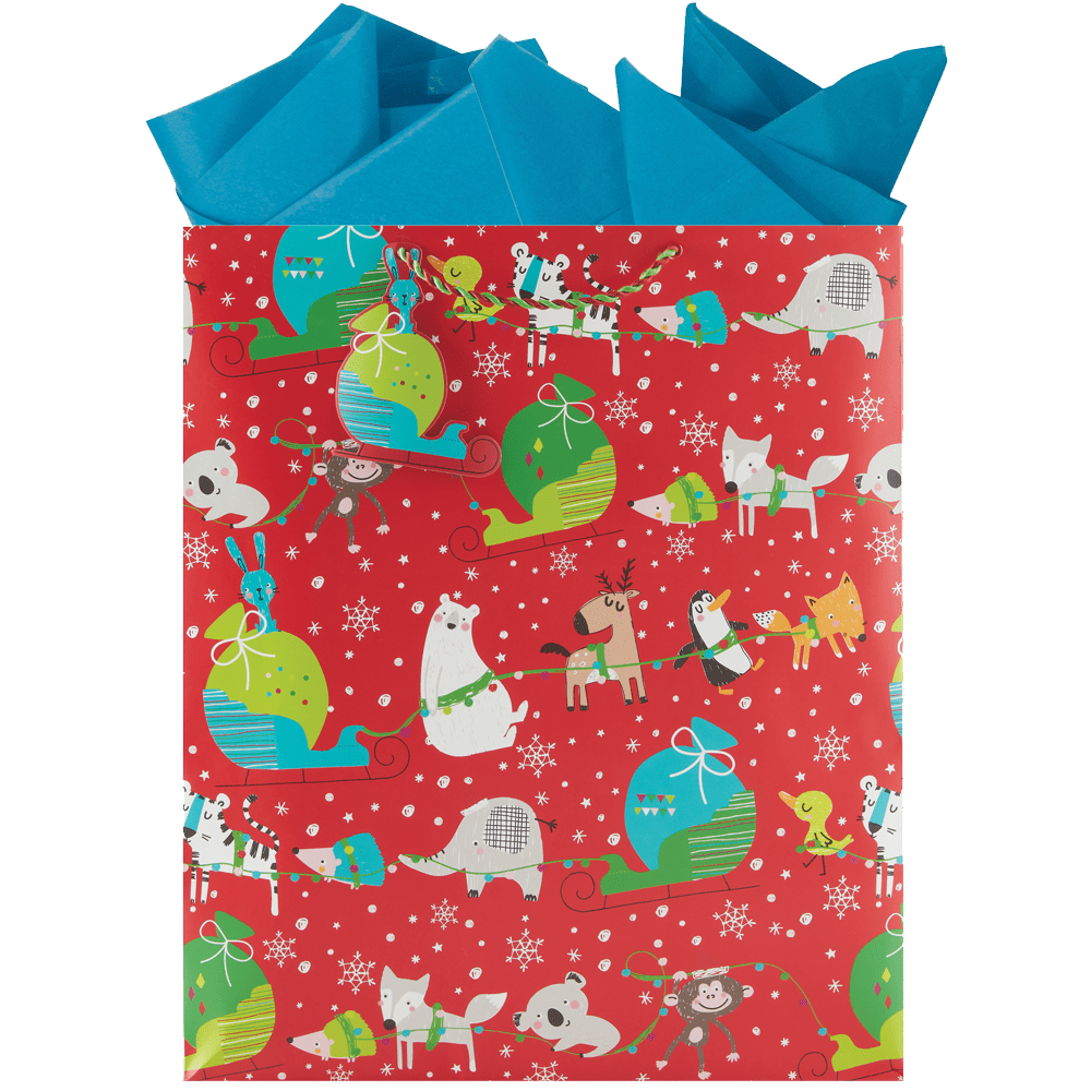 polar bear reindeer penguin duck monkey fox koala bear elephant hedgehog tiger with Christmas sleigh and snow flakes on red bag with red and green wrapped string and matching gift tag