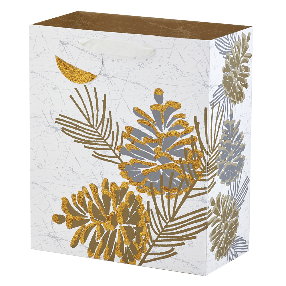 gold glittered pine cones on white gift bag