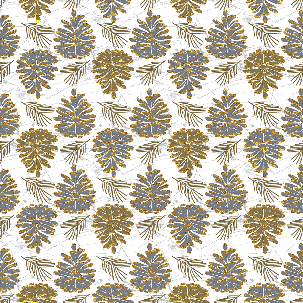 gold and silver glittered pine cones on white wrapping paper 