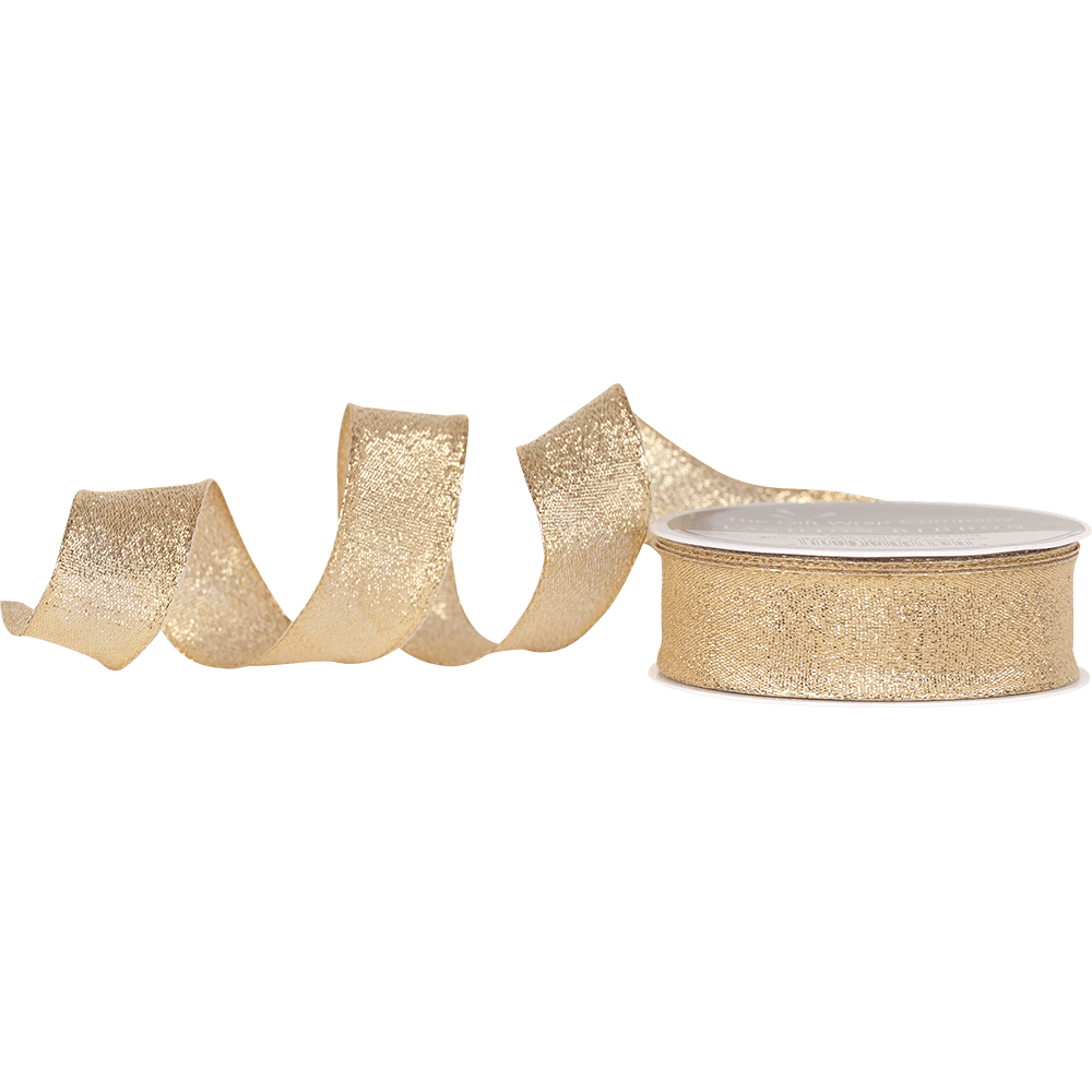 unraveling gold metallic wired glitter ribbon on spool