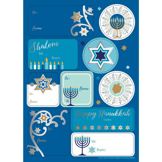 blue hanukkah menorah shine gift label sheets