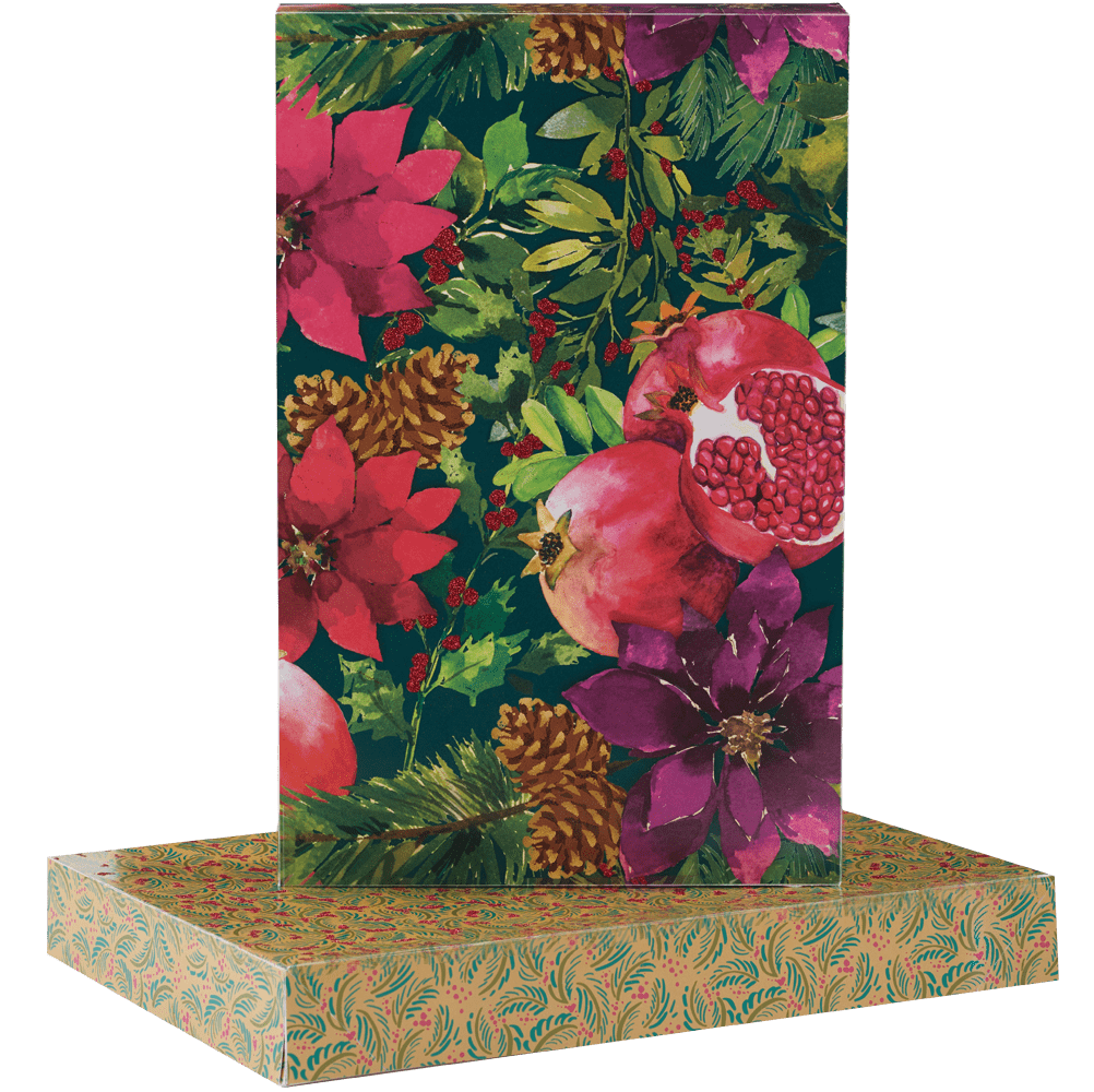 holiday arrangement printed winter seasonal foliage pine cones pomegranate poinsettia on forest green and gold box
