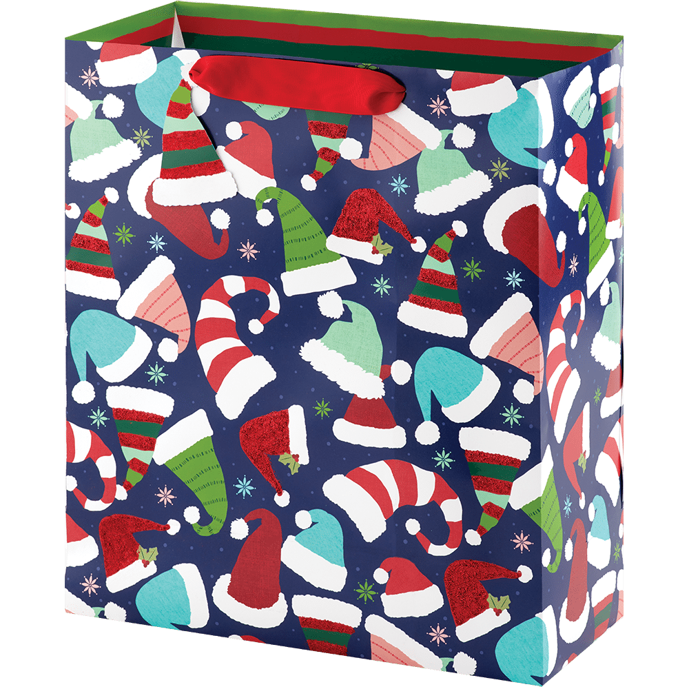 holiday hats red white blue green pink dark blue sky with red satin handles and matching hat shaped gift tag jumbo bag