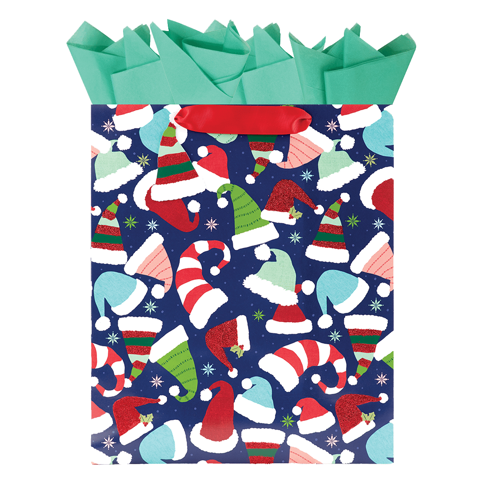 holiday hats red white blue green pink dark blue sky with red satin handles and matching hat shaped gift tag jumbo bag with mint green tissue sticking out of top