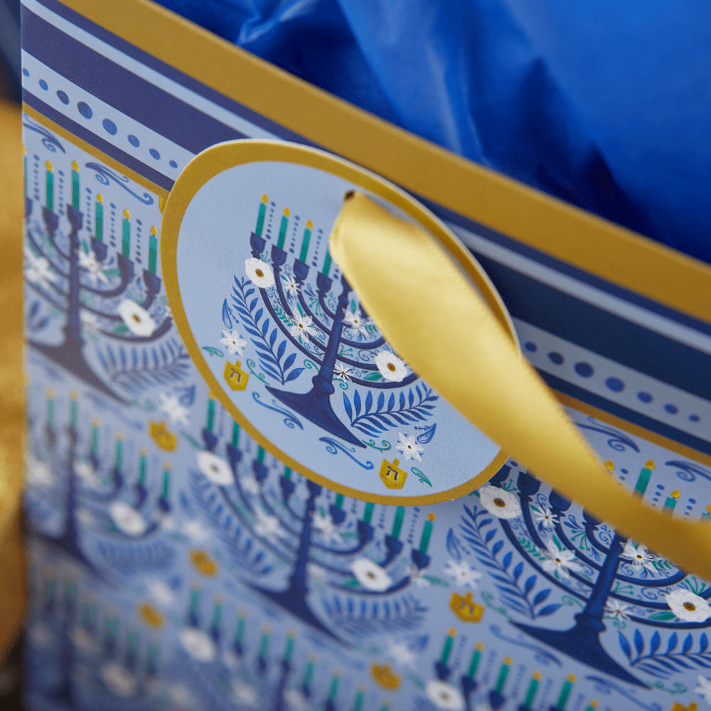 menorah light blue white flowers gold satin ribbon handles medium bag