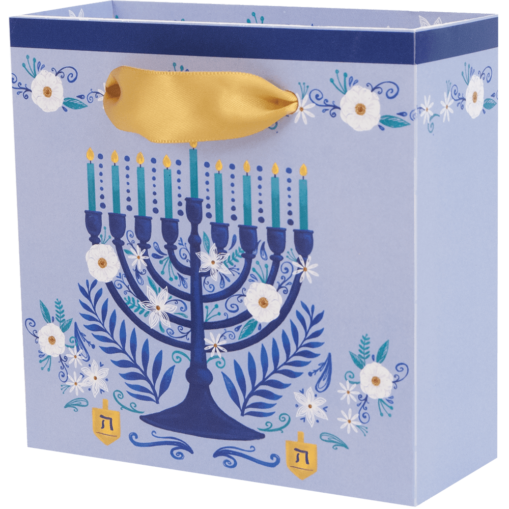 menorah light blue white flowers gold satin ribbon handles petite square bag