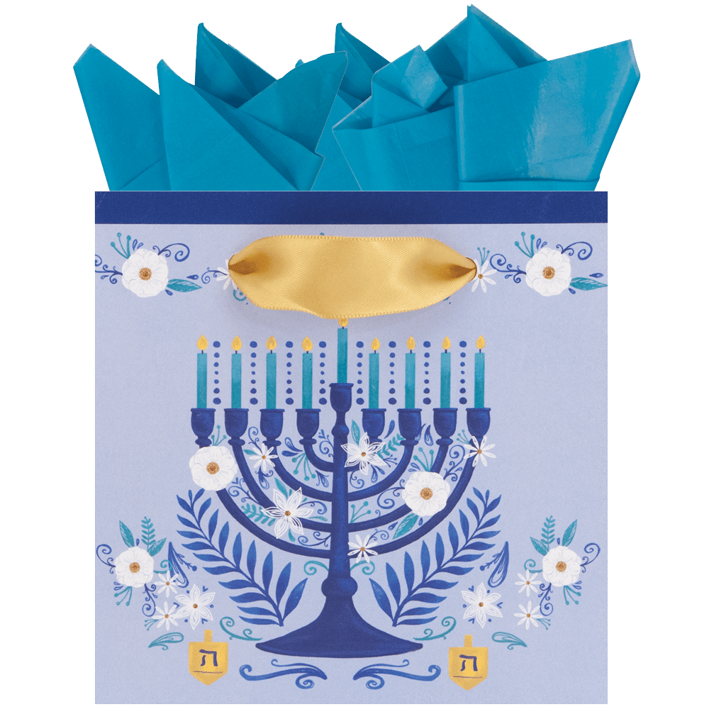 menorah light blue white flowers gold satin ribbon handles petite square bag