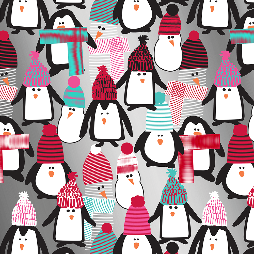 penguins and snowmen in red pink blue winter hats and scarves on silver wrapping paper