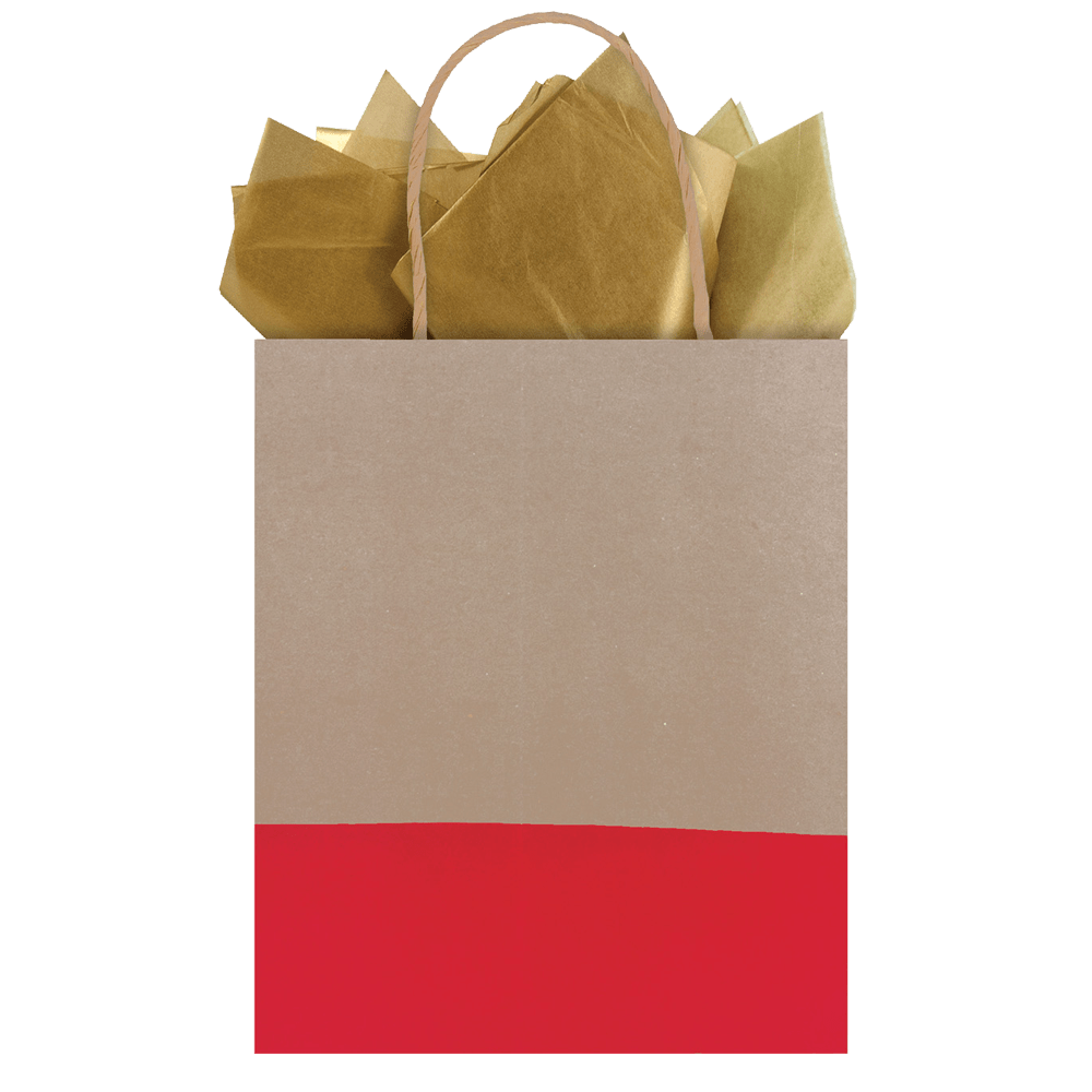 Kraft bag with red bottom and gold tissue paper sticking out of top