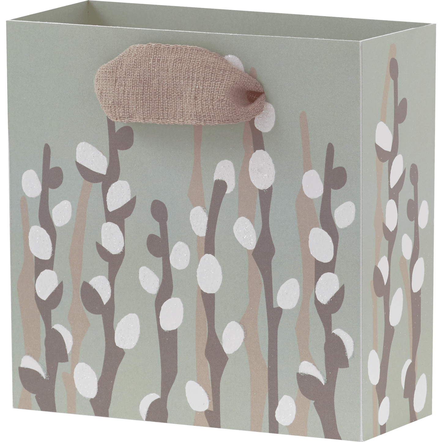 willows with snow on light green bag with linen handles  Add alt text