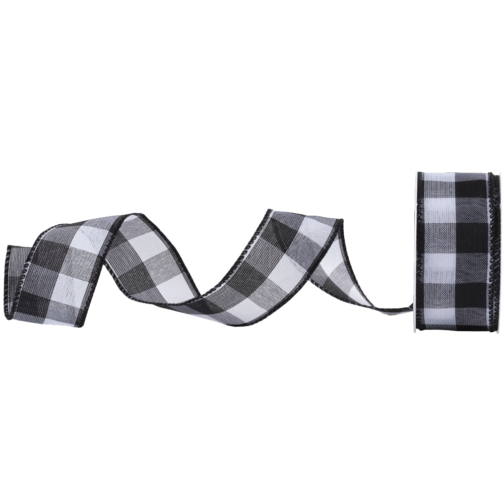 black and white buffalo check wired ribbon unraveling on spool
