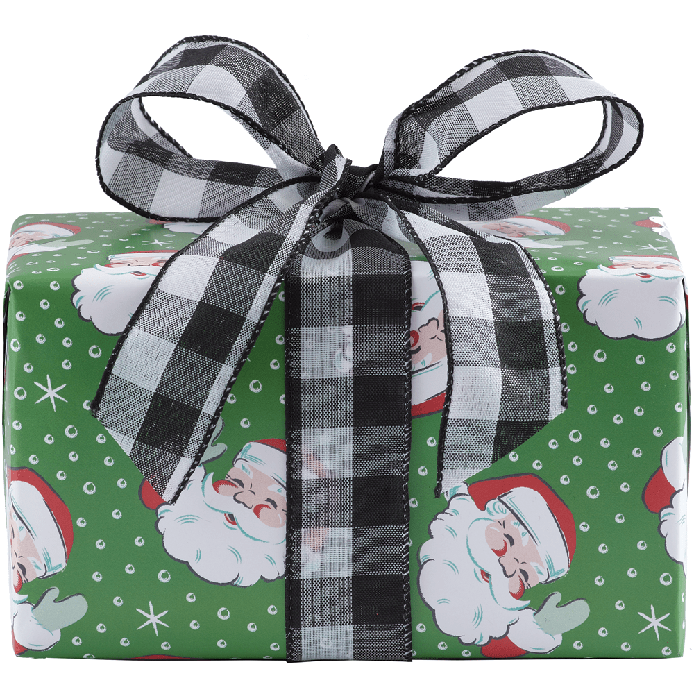 black and white buffalo check wired ribbon wrapped around green wrapping paper with Santa Claus faces