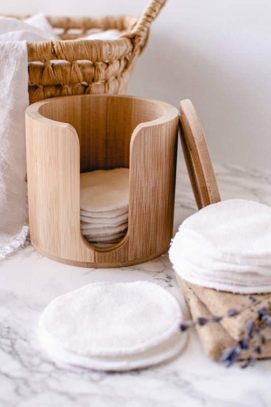Reusable Cotton Facial Cleansing Rounds w/ Bamboo Storage Container