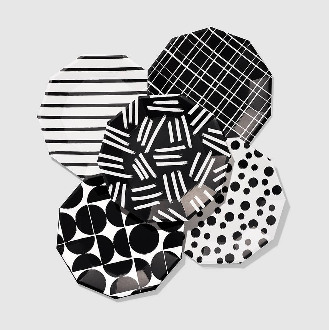 Assorted black and white design paper plates