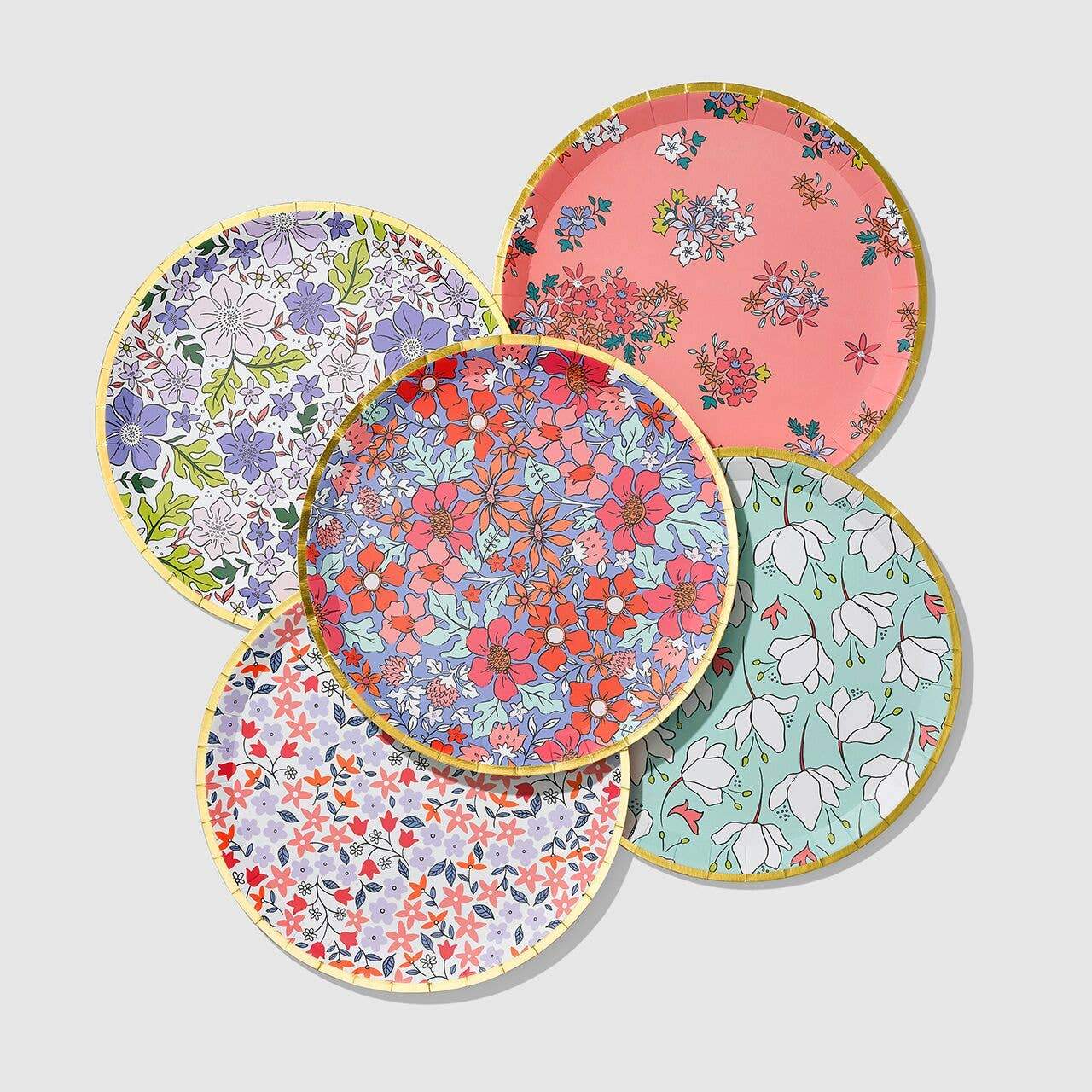 Assorted floral flower patterned plates with gold trim rainbow