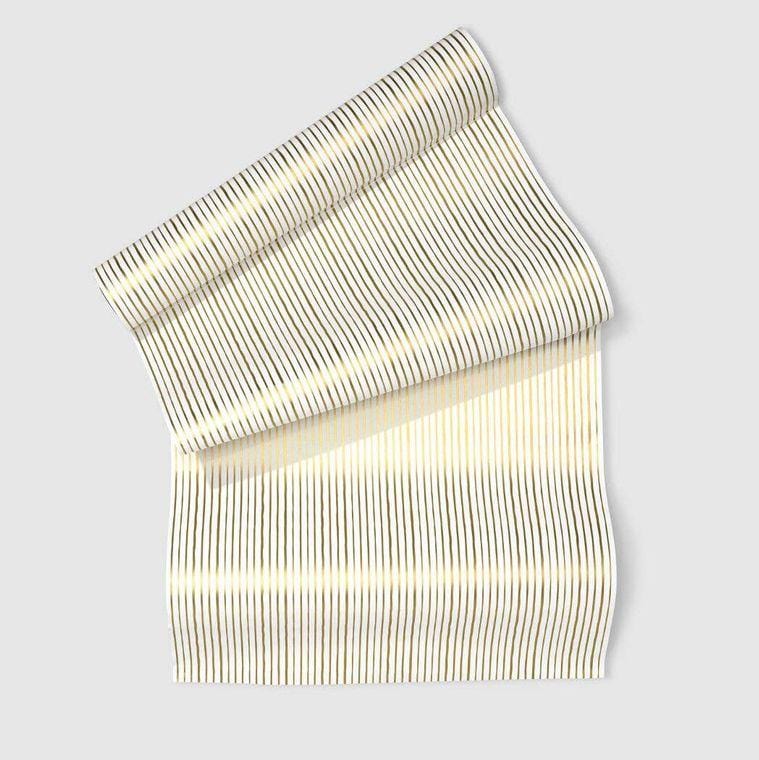 White paper table runner with gold pinstripe